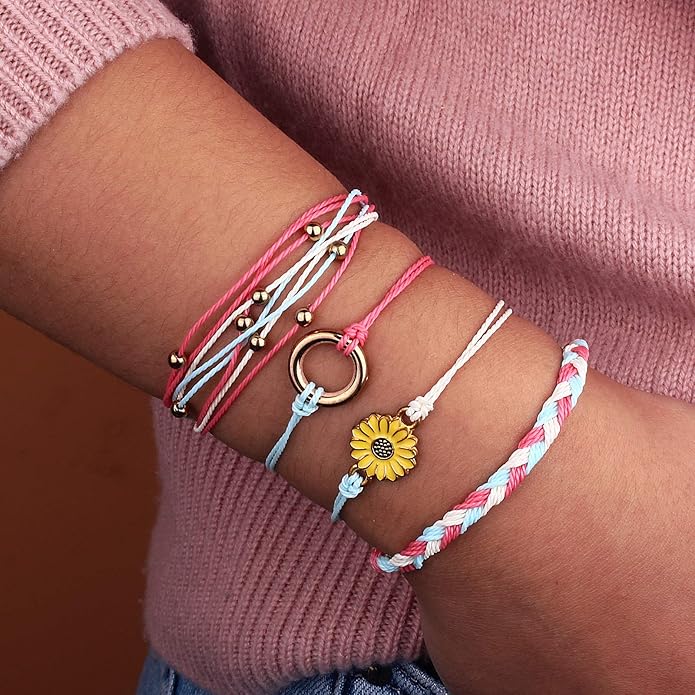 FANCY SHINY Sunflower String Bracelet Boho Braided Rope Wrap Bracelets Cute Summer Beach Surfer Jewelry for Women Christmas Gifts