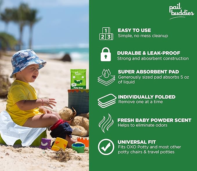 Pail Buddies 60 Refill Potty Bags: Absorbent, Disposable Liners Compatible with OXO Tot 2-in-1 Go Potty | Strong, Leak-Proof Bags Fits Most Travel Potties, Potty Chairs, Potty Seats & Portable Toilets