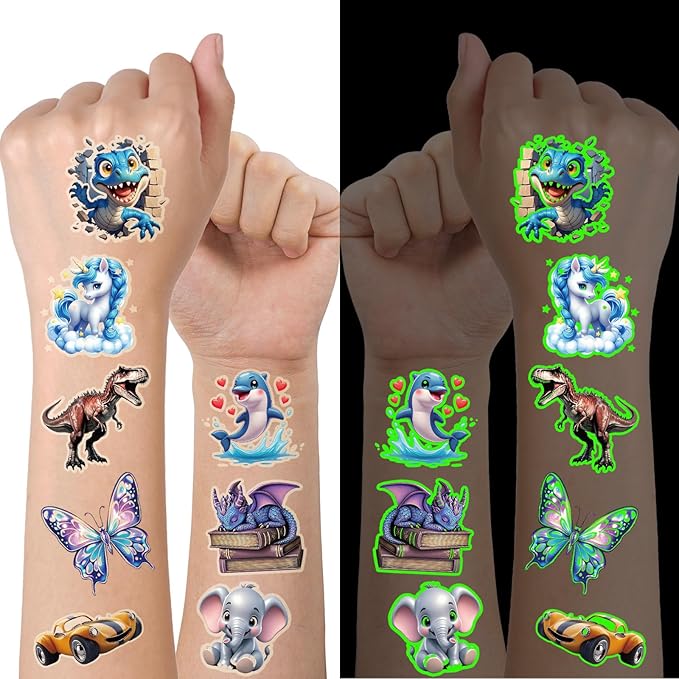 117 PCS Luminous Animals Temporary Tattoos for Kids, Glow Dinosaur Panda Elephant Rabbit Mermaid Dolphin Shark Fish Temporary Tattoos for Fastival Stuffers & Birthday Party Favors