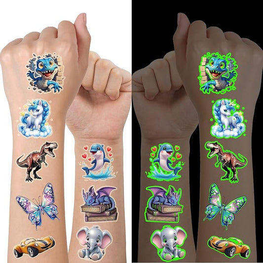 117 PCS Luminous Animals Temporary Tattoos for Kids, Glow Dinosaur Panda Elephant Rabbit Mermaid Dolphin Shark Fish Temporary Tattoos for Fastival Stuffers & Birthday Party Favors
