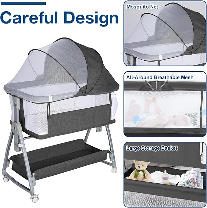 Bedside Bassinet for Baby, Adjustable Newborn Bassinet with Wheels, Storage Basket, Mattress, Easy to Assemble & Portable Folding Baby Cradle (Black)