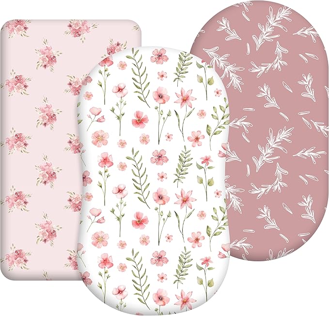 Floral Bassinet Sheets Girl 3 Pack, Breathable Cozy Fitted Mattress Sheet, Elastic Travel Bassinet Fashionable, Standard Cradle Safe Sheets for Baby Boy Girls 32" x 16"