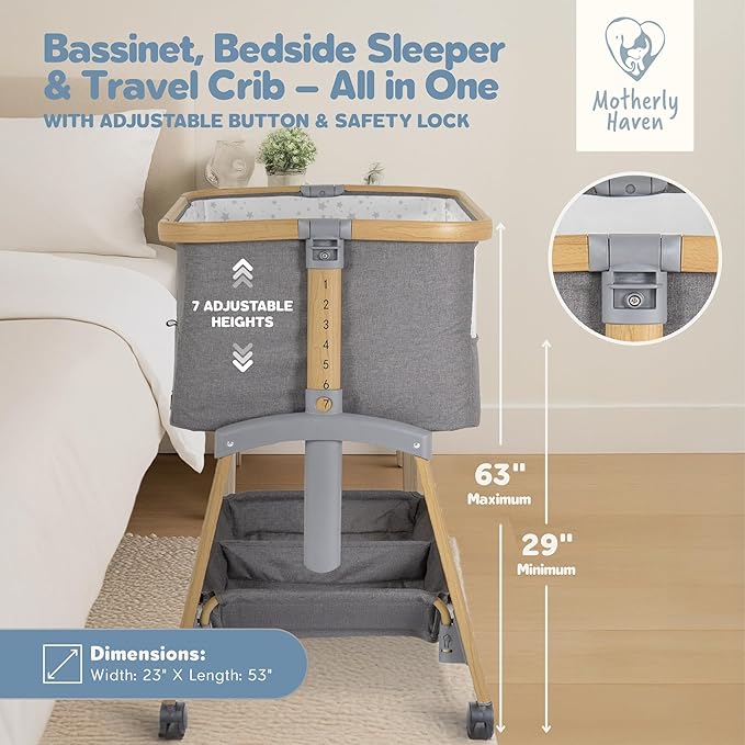 Baby Bassinet Bedside Sleeper, Portable Crib for Newborns, Adjustable 7-Height Auto-Lock, with Wheels, Soft Mattress & Breathable Mesh (Light Grey)