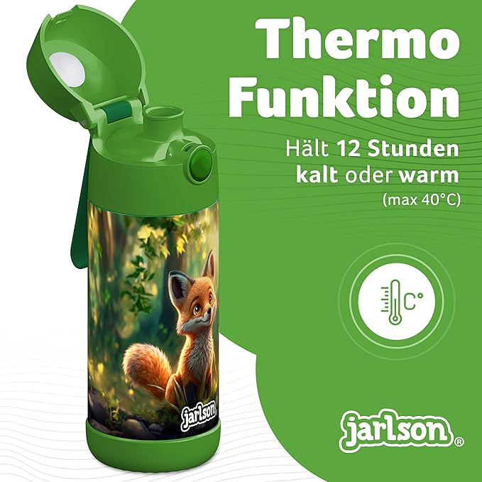 Jarlson® Mali Children's Water Bottle, Thermal Stainless Steel Water Bottle, BPA-Free, Leak-Proof, Children's Bottle with Chug Lid, Bottle for School, Nursery (Fox Green, 12 oz)