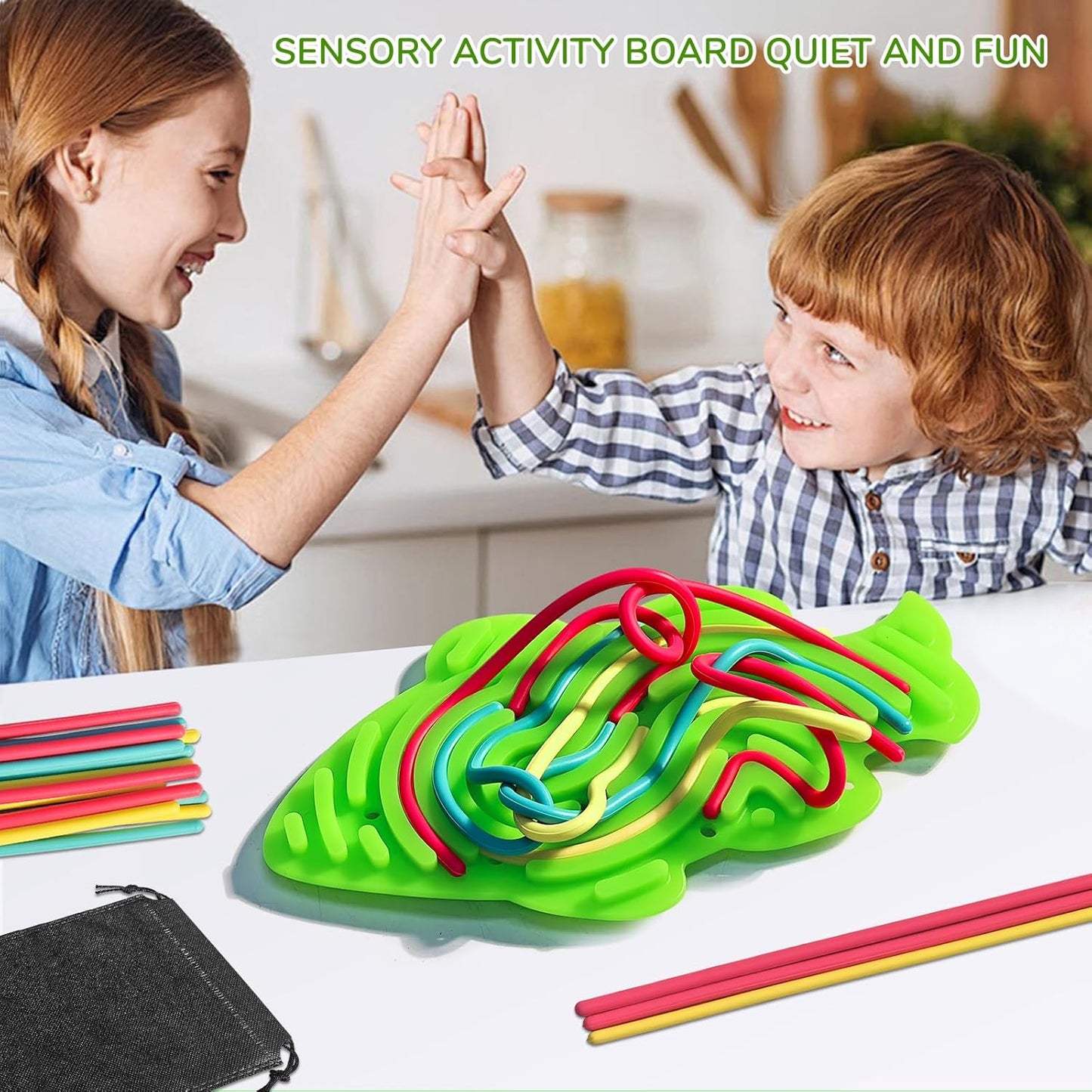 Sensory Activity Board Toy for Kids - Silicone Fidget Toy Silent with Portable Bag for Calming, Stress, Anxiety, ADHD & Autism,Ideal for Age 3+, Quite Travel Toys with 18 Strings for Children Teens