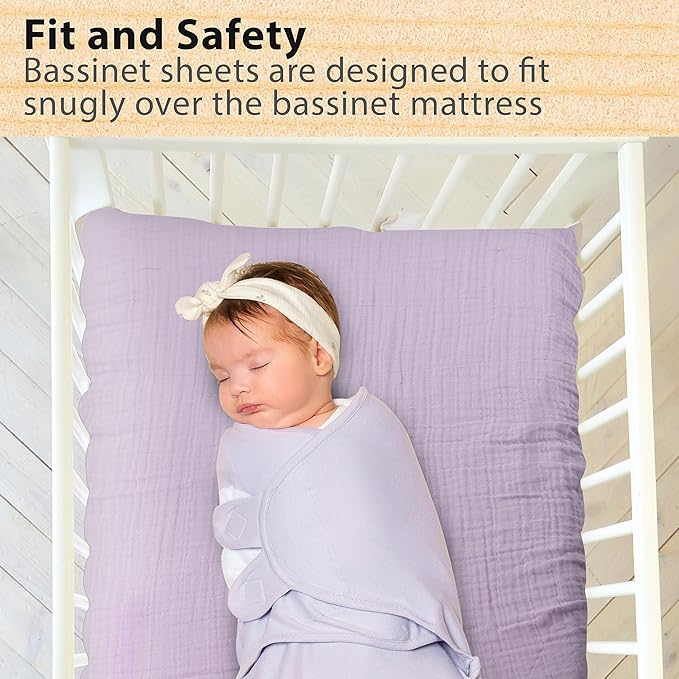 3 Pack Organic Muslin Bedside Bassinet Sheets Compatible with Mika Micky, Baby Delight, Dream On Me, AMKE and Other Bassinet Pads Size Between 17-21 in Width, 29-33 in Length, and 1.5-4 in Thick