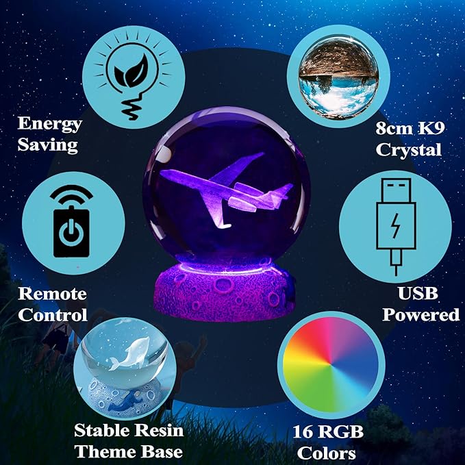 Planes Night Light, Aviation Gifts, 3D Crystal Ball 3.15 Inch (80mm) Airplane Night Light with Remote, Pilot Lamps with 16 Color for Birthday Xmas Cool Figurines Gifts for Room Decor Boys Girls