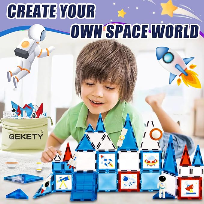 Magnetic Tiles - 58 Pcs Space Magnets Building Blocks Set - Sensory Travel Toys for Toddler - STEM Construction Playboards Stacking Toy - DIY Window Art - Birthday Gifts for Boy, Girl, Kids Ages 3-12