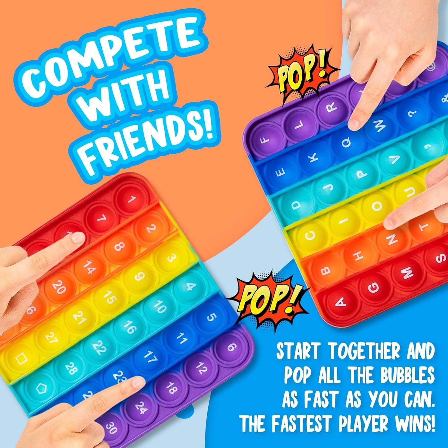 Push Pop Bubble Fidget Sensory Toy, 4-Pack, Square, 5 x 5 Inches, Rainbow, Numbers and Alphabets, Party Favors