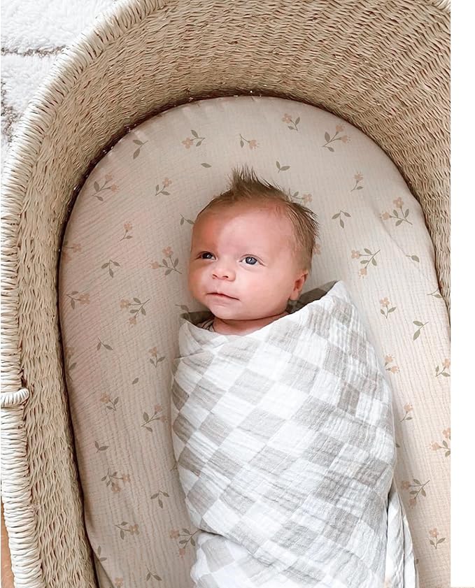 Muslin Bassinet Sheets for Babies – Soft & Breathable 100% Cotton Fitted Sheets for Oval, Rectangle, Hourglass Bassinet Mattress Pads, 2-Pack (Ivory & Pink)