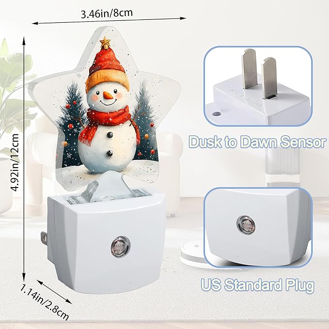Night Light,Christmas Snowman Plug into Wall with Dusk to Dawn Light Sensors,Winter Trees Warm Star Nightlights for Bedroom,Bathroom,Hallway,Kitchen Home Decor Desk Lamp