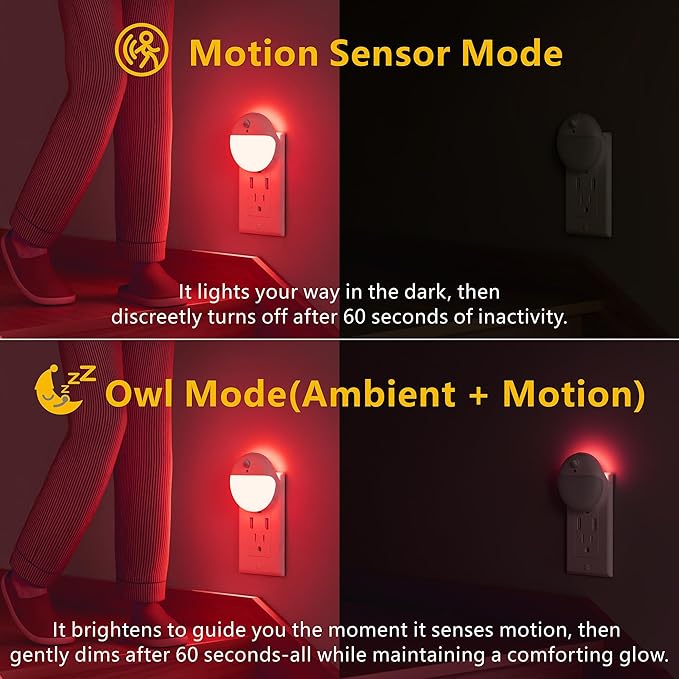 2 Pack Plug in Red Sleep Night Light with Motion Sensor and Dusk to Dawn Sensor, 3 Modes, Soft Glow, Stepless Dimming, LED Lights for Bedroom, Sleep, Baby Nursery, Kids, Toddler, Home Decor