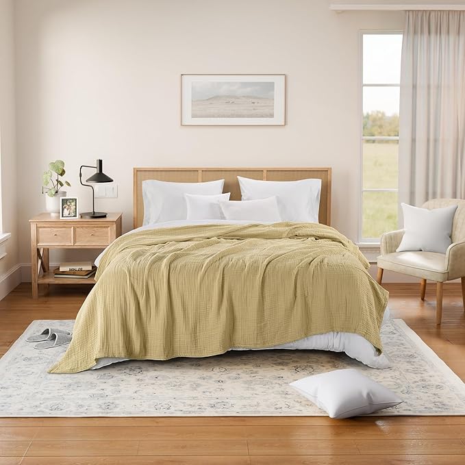 Threadmill Summer Muslin Blankets Queen Size | 100% Cotton 4 Layer Gauze Blanket | Soft, Breathable and Cozy Blanket | Cozy, Lightweight Blankets for Bed Seasons | Beige