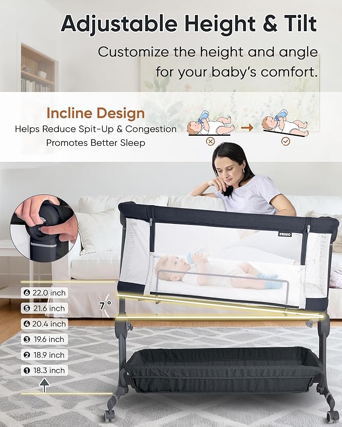 KRIDDO 2-in-1 Baby Bassinet for Infant, Bedside Bassinet with All-Around Breathable Mesh, Lockable Wheels, Adjustable Height and Incline, Bedside Sleeper for Baby with Large Storage Basket, Dark Grey