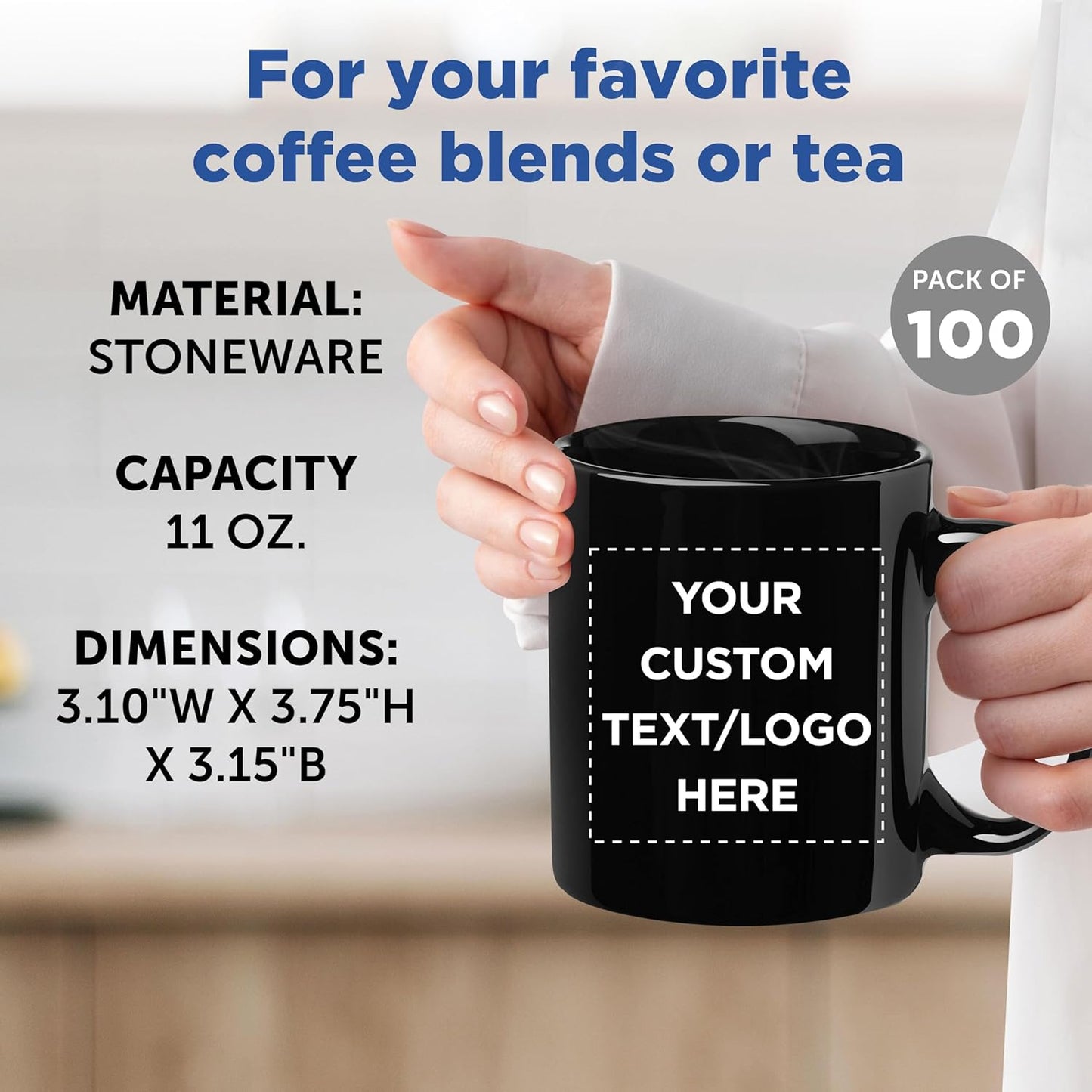 Custom Ceramic Coffee Mugs 11 oz. Set of 100, Personalized Bulk Pack - Coffee cup set, Iced coffee cup, Gaming mug - Black