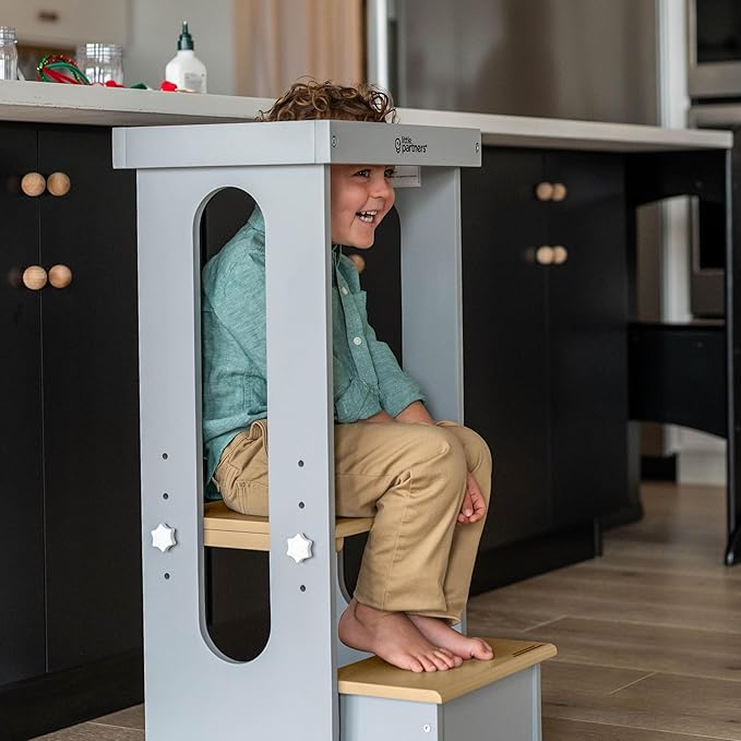 Little Partners Foldable Toddler Tower, Learning Tower Explore 'N Store Montessori Standing Kitchen Tower with Folding Step Stool Platform for Cooking and Learning, Ages 2+ (Silver Drop W/Natural)
