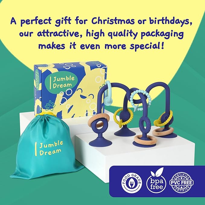 Jumble Jangle Baby Teething Toys – BPA-Free, Multi Purpose High Chair Toys for Babies: Suction Teething Relief with Sensory Toy Textures for Infants and Toddlers 3–24+ Months (Green)