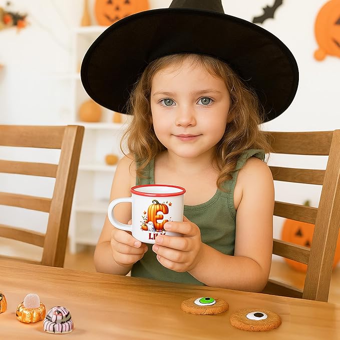 Personalized Halloween Enamel Mug with Ghost Pumpkin Initial, 12oz Custom Name on Ghost Coffee Mugs, Halloween Party Gift for Family