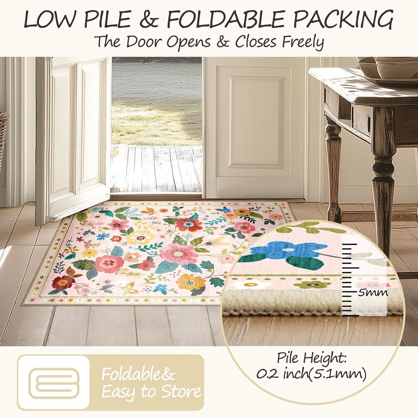 Floral 2x8 Area Rug Machine Washable Soft Print Boho Carpet Non Slip Doormat Low Pile Flower Area Rugs for Living Room Bedroom Nursery Kitchen Dining Room Indoor-Pink