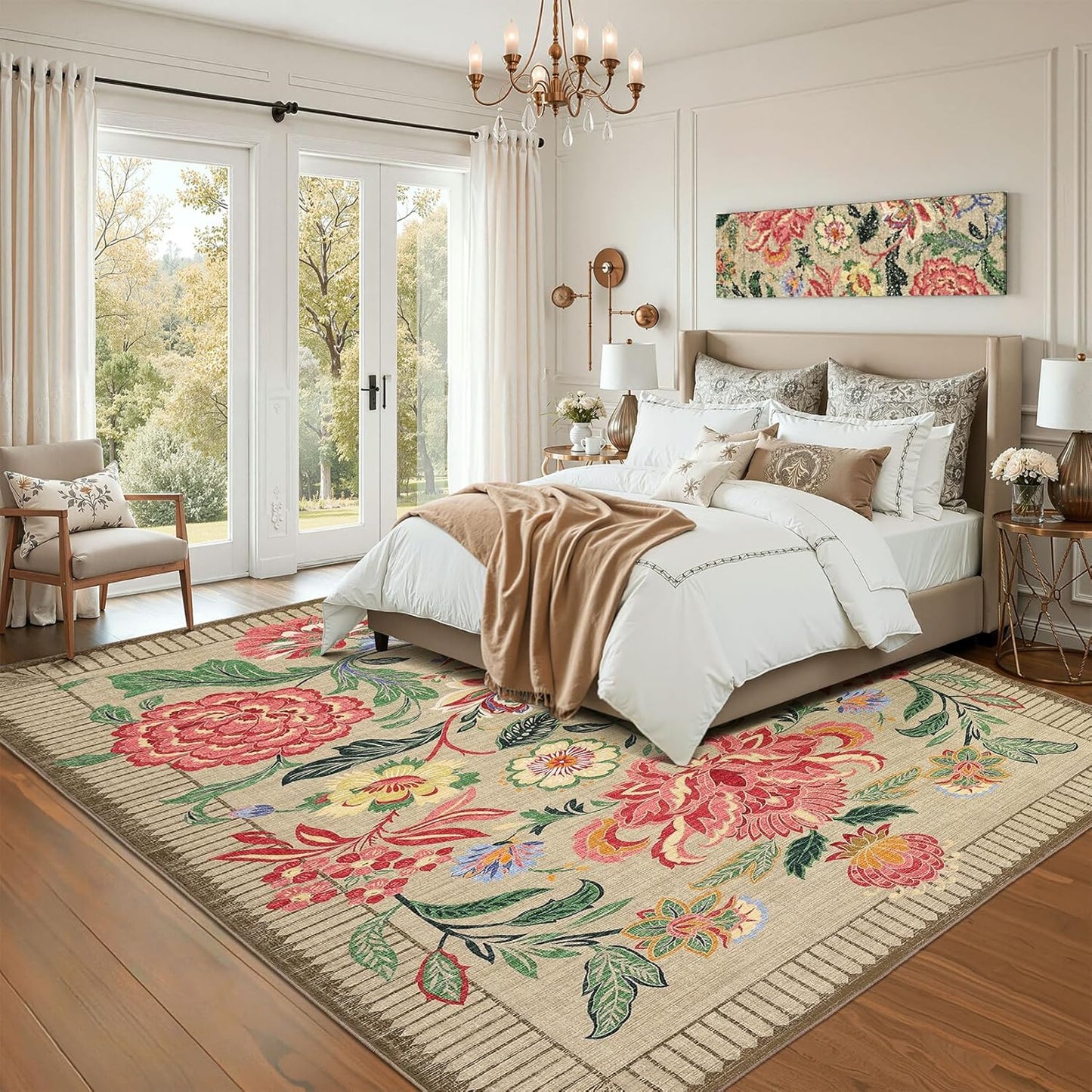 GarveeHome Floral Botanical Washable 9x12 Area Rug for Living Room Soft Camel Taupe Brown Vintage Boho Cottage Large Rugs Low Pile Carpet for Bedroom Dining Nursery Rug