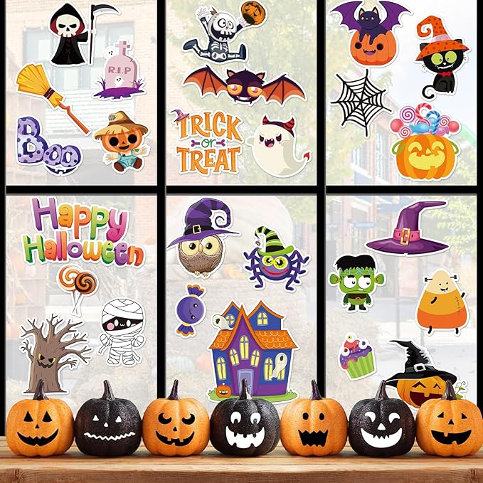 MARFOREVER 50 PCS Halloween Gel Window Clings Stickers Reusable Pumpkins Ghosts Bats Window Thick Gel Clings Decals for Kids Classroom Nursery Home Party Supplies Windows Glass Decorations