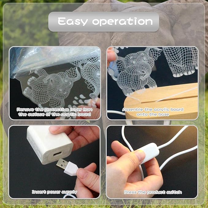 Elephant Shape 3D Crystal Acrylic Light Base with Wood Stand, LED Light for Kids Room Decor, Gift for Mom on Birthday or Holiday, Home Décor Art Display