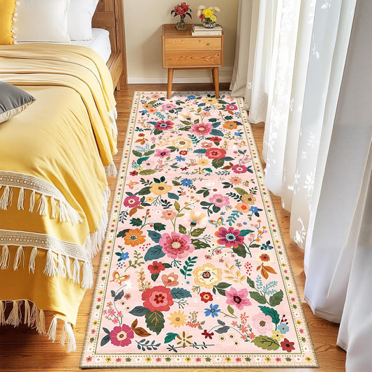 Floral 2x6 Area Rug Machine Washable Soft Print Boho Carpet Non Slip Doormat Low Pile Flower Area Rugs for Living Room Bedroom Nursery Kitchen Dining Room Indoor-Pink