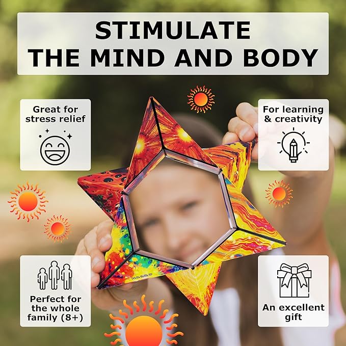 SHASHIBO Shape Shifting Box - Award-Winning Fidget Toy w/ 36 Rare Earth Magnets - Fidget Cube Transforms Into Over 70 Shapes, Sensory Toy Gift for Kids, Teens, and Adults (Solar)