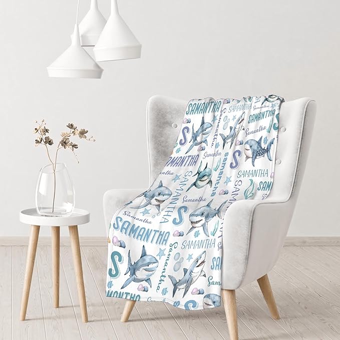 Personalized Baby Blanket for Girls Boys Kids Shark Custom Baby Blanket with Name Throw Birthday Gift for Toddlers Infants Shower Newborns Nursery Stroller Crib Bed Decor