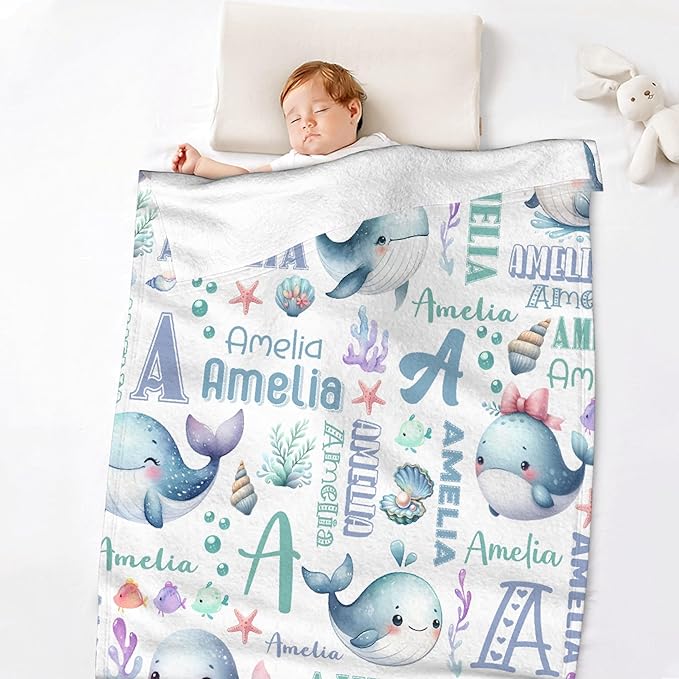 Personalized Baby Blanket for Girls Boys Kids Whales Custom Baby Blanket with Name Throw Birthday Gift for Toddlers Infants Shower Newborns Nursery Stroller Crib Bed Decor