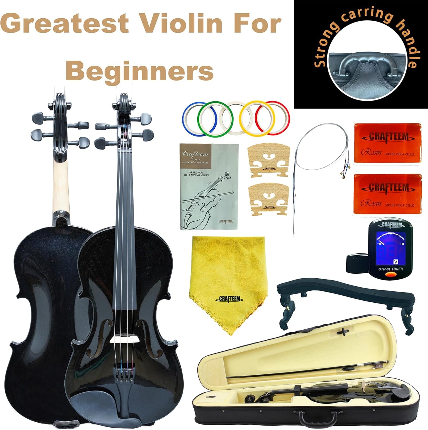 4/4 Full Size Fiddle Black Colored Premium Violin Outfit for Beginners Adults Kids With 5 Color Fingering Tape- Handcrafted Student Beginner Violin. (Black, 4/4 Full)