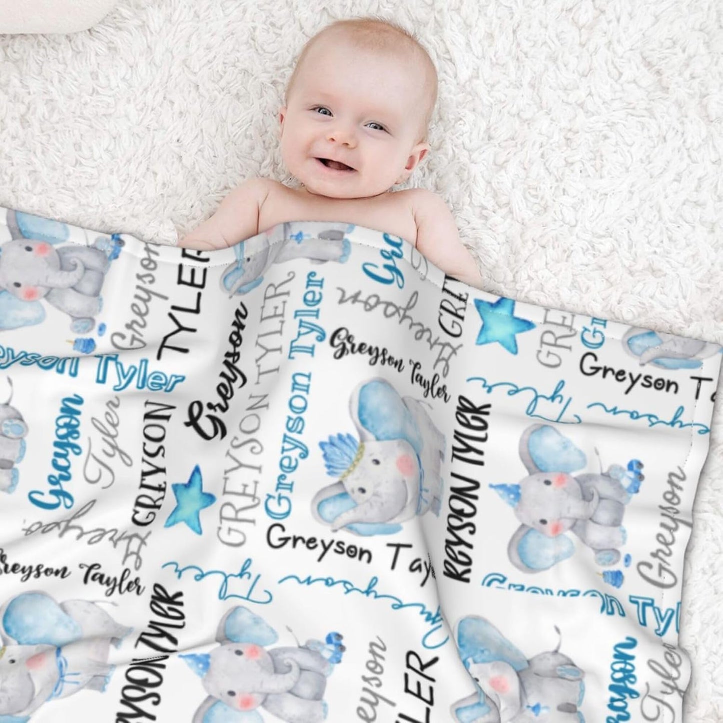 Personalized Elephant Swaddle Blanket with Name - Custom Baby Blanket for Boys & Toddlers - Kids & Newborn