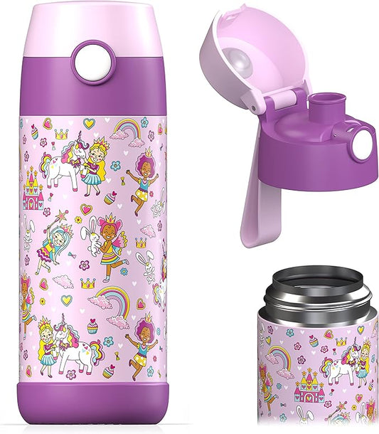 Jarlson® Mali Children's Water Bottle, Thermal Stainless Steel Water Bottle, BPA-Free, Leak-Proof, Children's Bottle with Chug Lid, Bottle for School, Nursery (Princess, 350 ml)