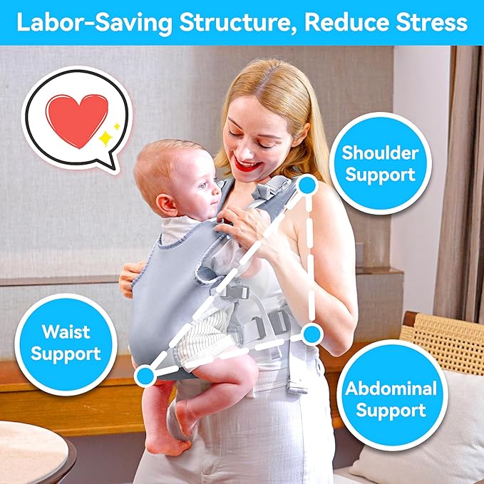 Baby Carrier, Dual-Use Adjustable Baby Sling Support Infant Chest Holder with Drawstring Backpack for Newborn to Toddler 13-33 lbs Swimming Pool Beach Land (Grey)