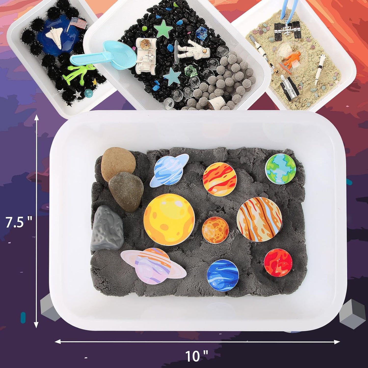 Space Themed Toys Sensory Bin Filler,Planet Toys for Kids, Universe Solar System Toys for Autistic Children, Space Astronauts Sensory Toys for Toddlers with 9 Planets, Sand, 3 Tools and More