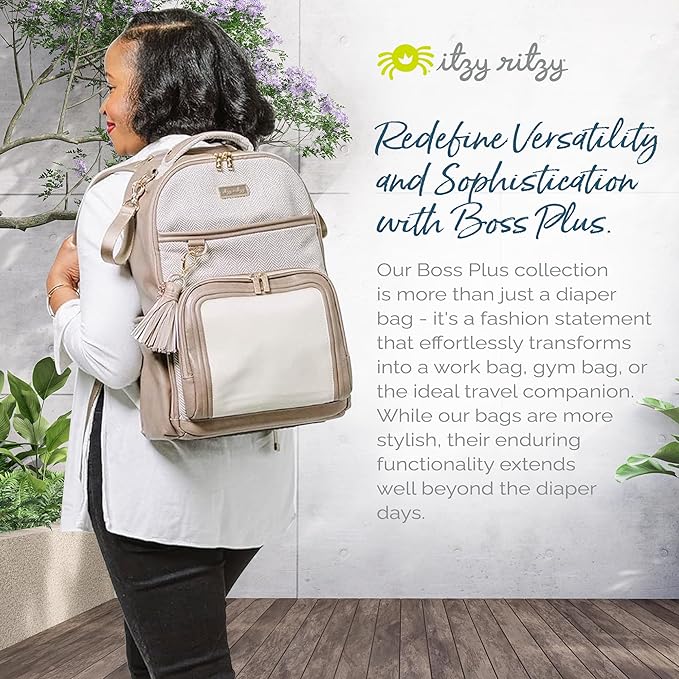 Itzy Ritzy Diaper Bag Backpack – Large Capacity Boss Plus Baby Backpack Diaper Bag Featuring 19 Pockets, Changing Pad, Stroller Clips, and Comfortable Straps (Vanilla Latte)
