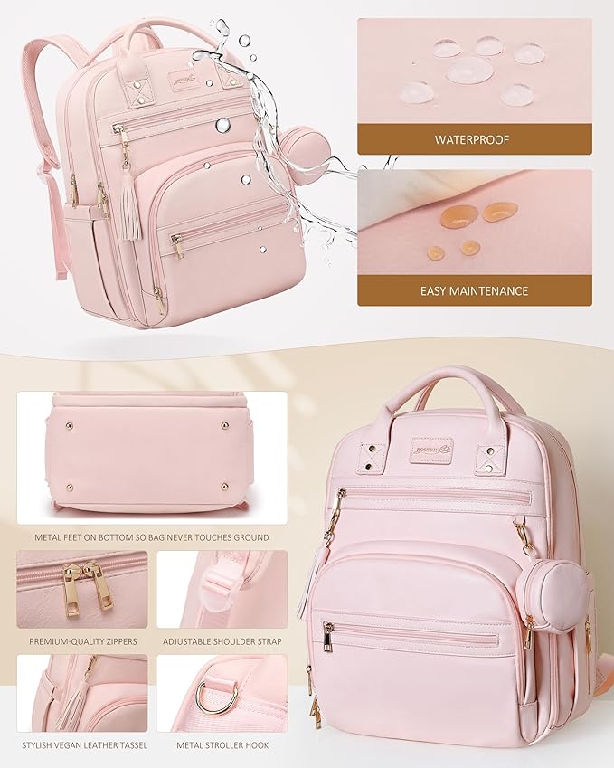 Premium Vegan Leather Diaper Bag Backpack with Waterproof Changing Pad, Reinforced Zippers & Odor-Free, 20 Pockets Pro Organizer, Fits 15.6" Laptop, Stroller Straps, Baby Bag for Mom, Pink