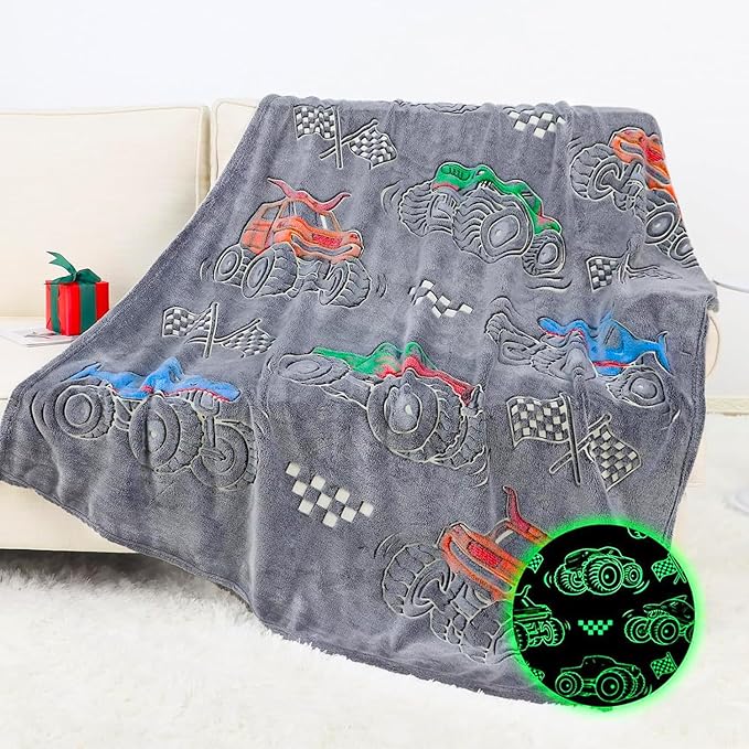 Truck Gifts for Kids Boys - Glow in The Dark Blanket for Sofa Couch Bed Birthday Christmas Easter