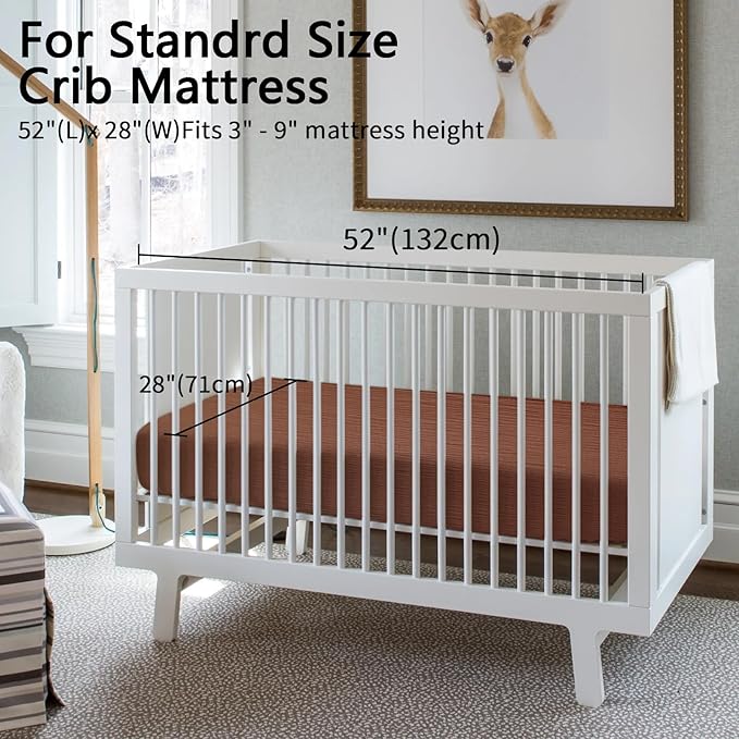 2 Pack Soft Muslin Baby Crib Sheets, 100% Cotton Breathable Double Layer Fitted Sheets for Standard Crib and Toddler Bed Mattresses 28x52 Inches, for Baby Girls and Boys (White & Brick