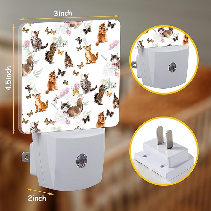 Cute Cats Butterflies Night Light,Watercolor Peony Plug-in Night Light Auto Dusk-to-Dawn Sensor Energy Efficient LED Lamp for Room Decor,Hallway,Kitchen,Bathroom,Nursery,Stairs