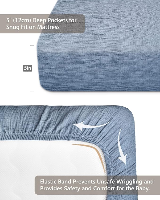 Mini Crib Sheets for Baby, Fitted Pack N Play Mattress and Mini Cribs 24" x 38", Neutral Muslin Cotton Mini Crib Mattress Sheet with Boho Style, Soft and Breathable Comfort (Costume Blue)