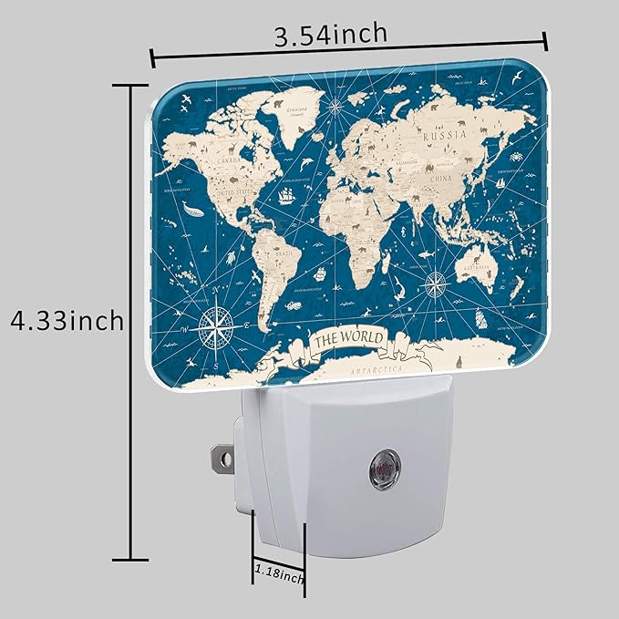 Vintage Blue World Map Night Light for Kids, World Map LED Night Light Plug into Wall with Dusk to Dawn Sensor for Girls Boys Women Men Bedroom, Hallway, Kitchen, Bathroom, Stairs Decor