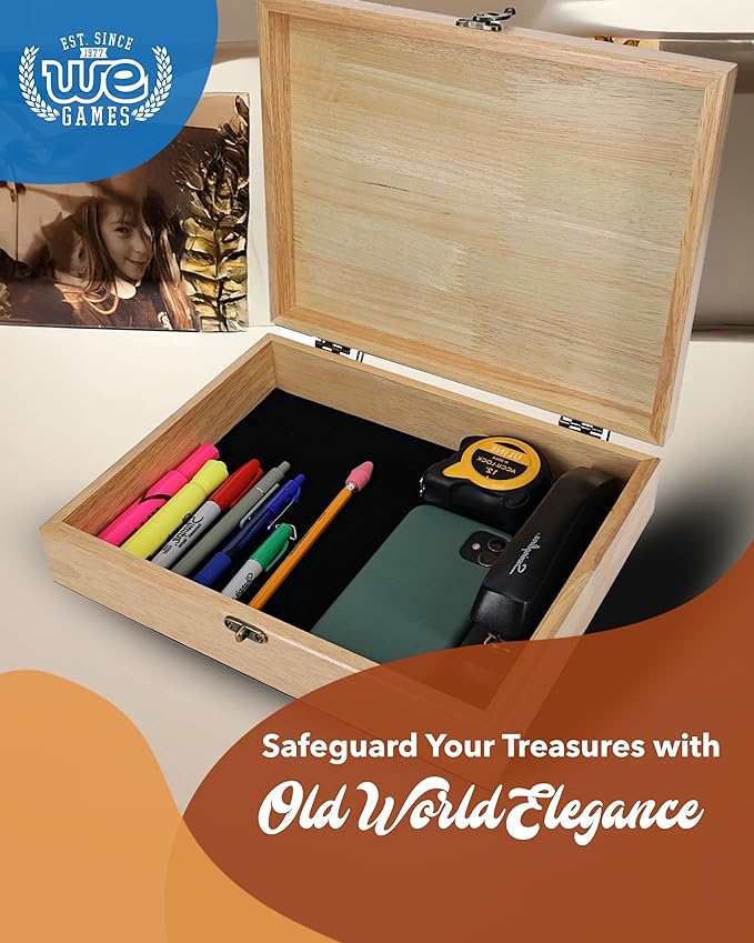 WE Games Old World Wooden Box with Brass Latch – Vintage-Style Wooden Keepsake Box for Jewelry & Trinket Storage, Natural Wood Finish