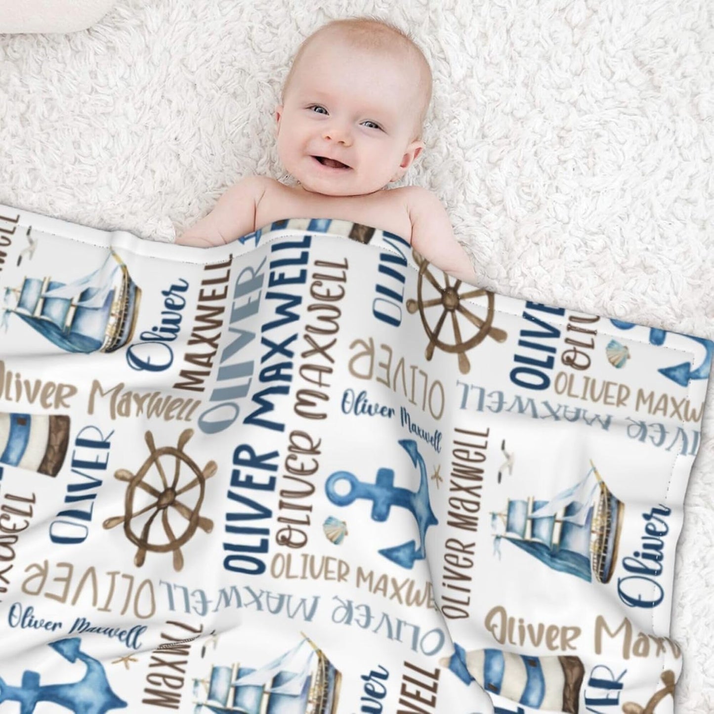 Personalized Baby Blanket for Boys, Custom Baby Blanket with Name, Nautical Blanket Sailboat Anchor Baby Blanket, Nautical Swaddle Blanket for Toddlers Kids Newborn