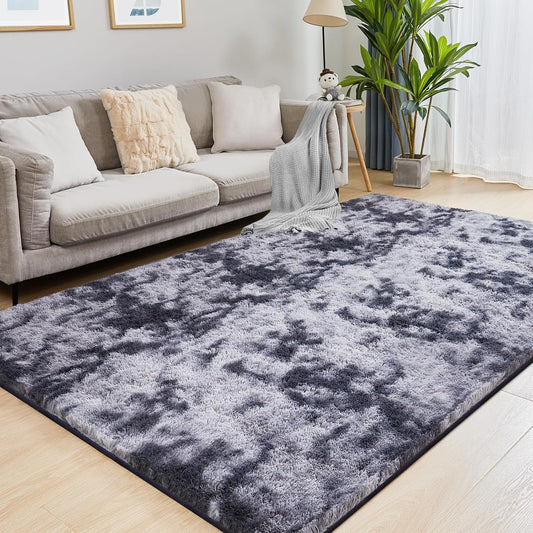 Fluffy Shag Area Rug, 4x6 Tie-Dyed Dark Grey Rugs for Bedroom, Soft Plush Area Rugs for Living Room, Non-Slip Indoor Carpet for Nursery, Study Room, Dressing Room, Home Decor