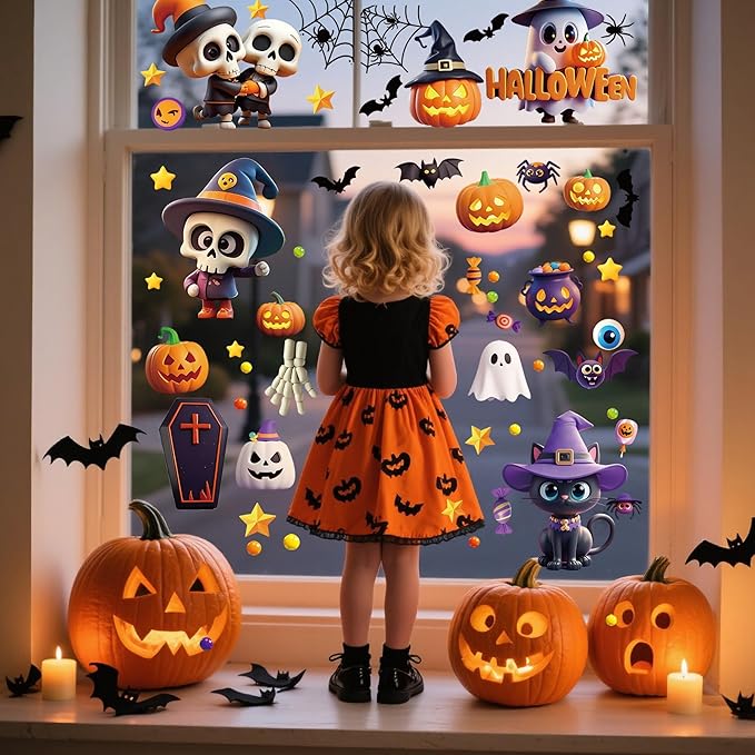 9 Sheets Halloween Window Clings,Cut Ghost Pumpkin Bat Cat Stickers,Reusable Halloween Window Decals Decorations for Party Supplies Home Shop Glass Decor