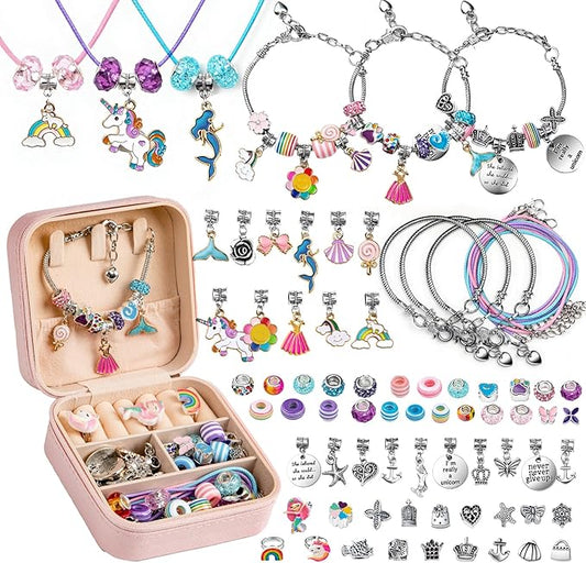 Charm Bracelet Making Kit with Portable Jewelry Case, DIY Beads and Charms Set for Creative Jewelry Making, Unicorns Mermaid Bracelets Necklaces and Rings Gift Set