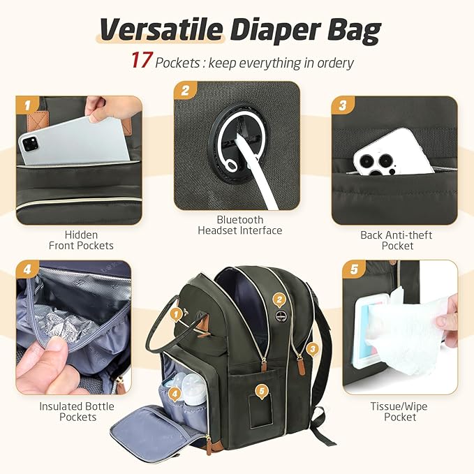 Diaper Bag Backpack - Extra Large Diaper Bag for 2 Kids Twin, Travel Baby Bags for Mom Dad 25-37L Expandable with Changing Pad Earphone Hole, Solid Green
