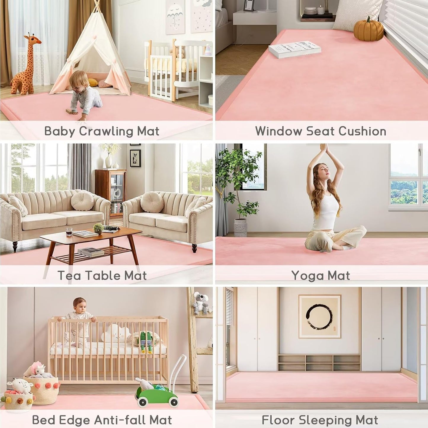 Baby Play Mat for Floor Tummy Time Mat Nursery Rug Muscle Mat Area Rug Playroom Rug Tatami Mat 6'7"x6'7" Memory Foam 1.3" Thick Crawling Mat for Babies,Toddlers, Infants, Kids,Floor Mat(Pink)