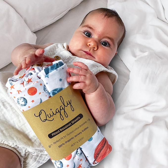 Quiggly Bassinet Sheets for Guava Lotus, 2 Pack Organic Cotton Jersey Knit, Vibrant Space Star & Planet Patterns - Fits Travel Crib Mattresses for Boys & Girls (Bassinet, Starry Slumber)